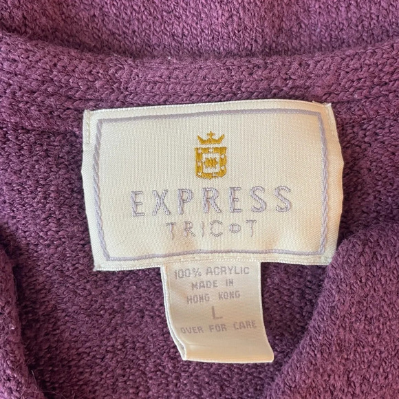 Vintage Express Tricot Plum Purple V-Neck Long Sleeve Sweater Large Side Vents - Picture 2 of 12